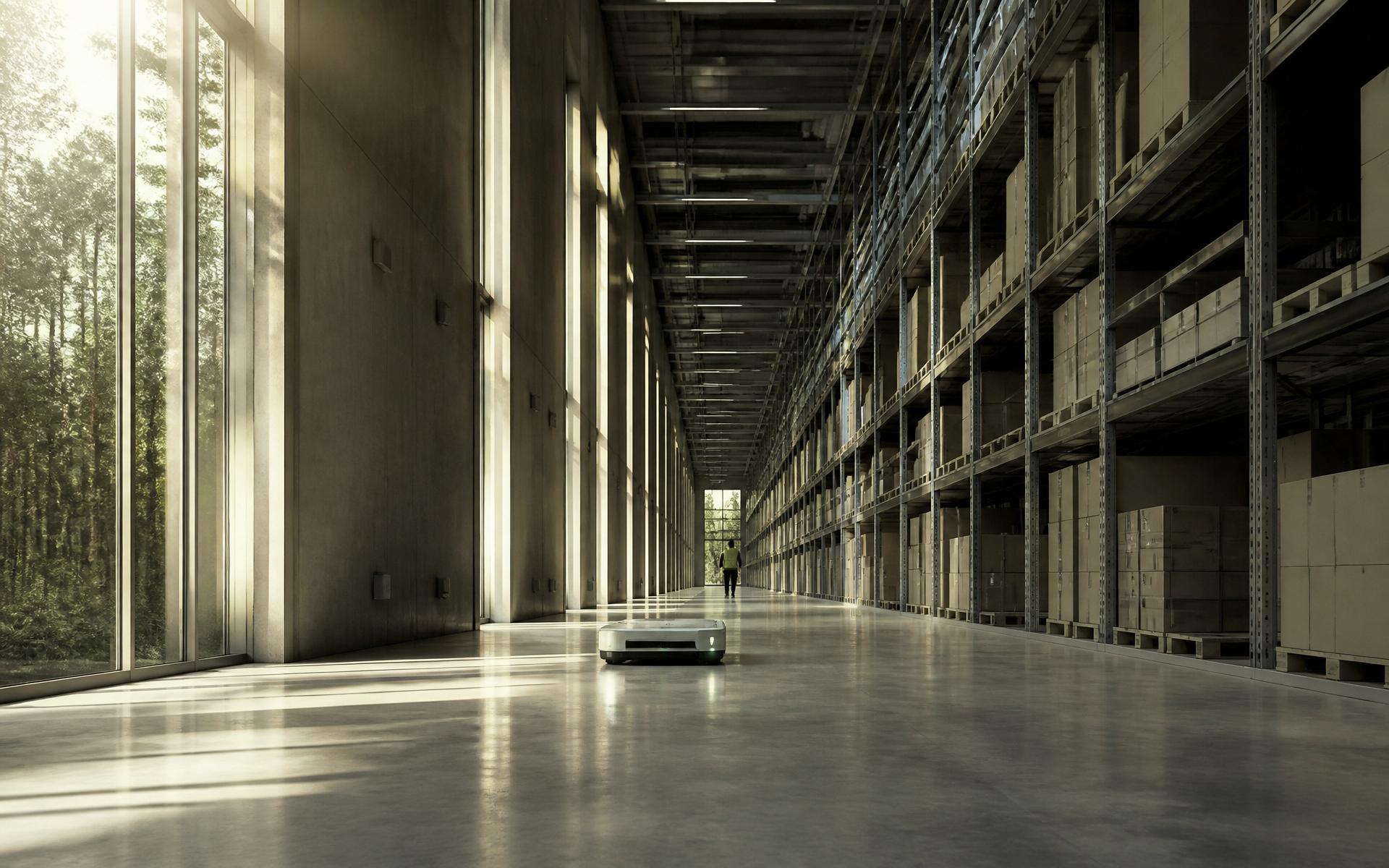 Magazzino industriale contemporaneo con luce naturale, scaffalature e un robot AMR autonomo