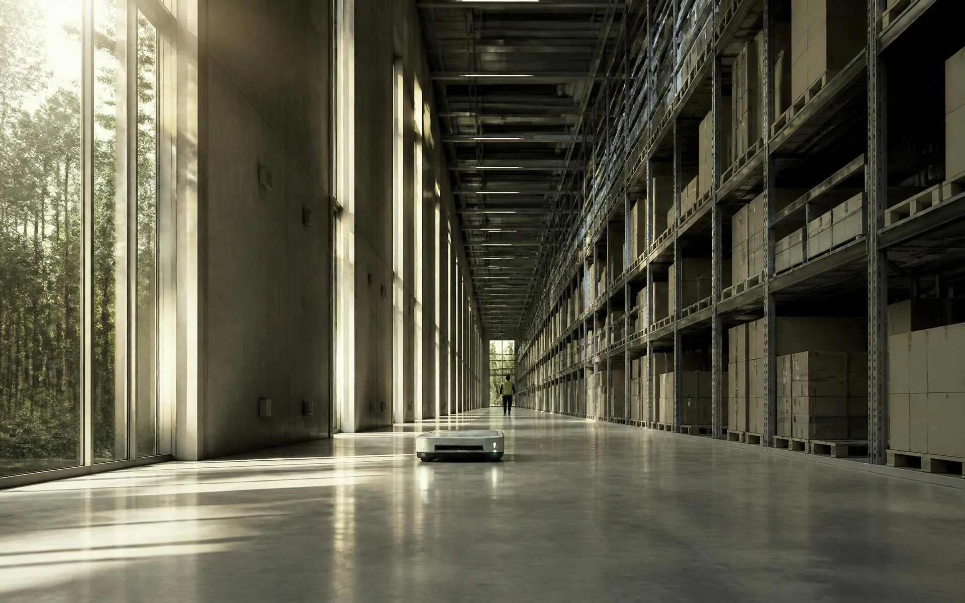 Magazzino industriale contemporaneo con luce naturale, scaffalature e un robot AMR autonomo